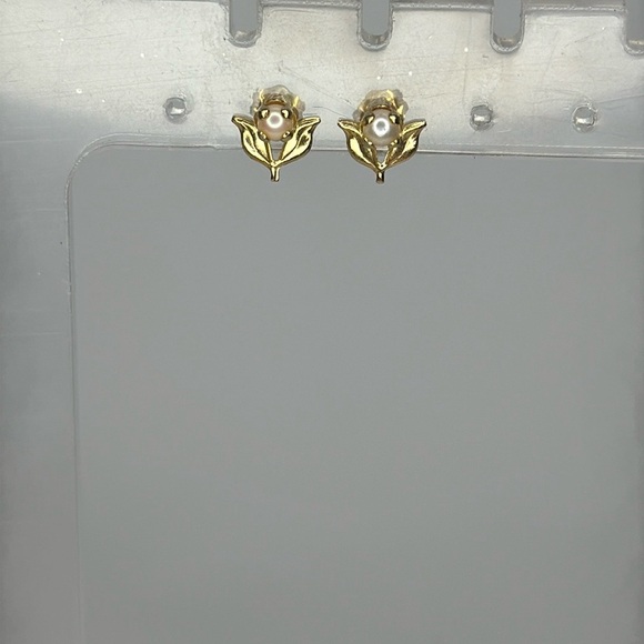 Gold and White Lotus Stud Earrings - Picture 1 of 3